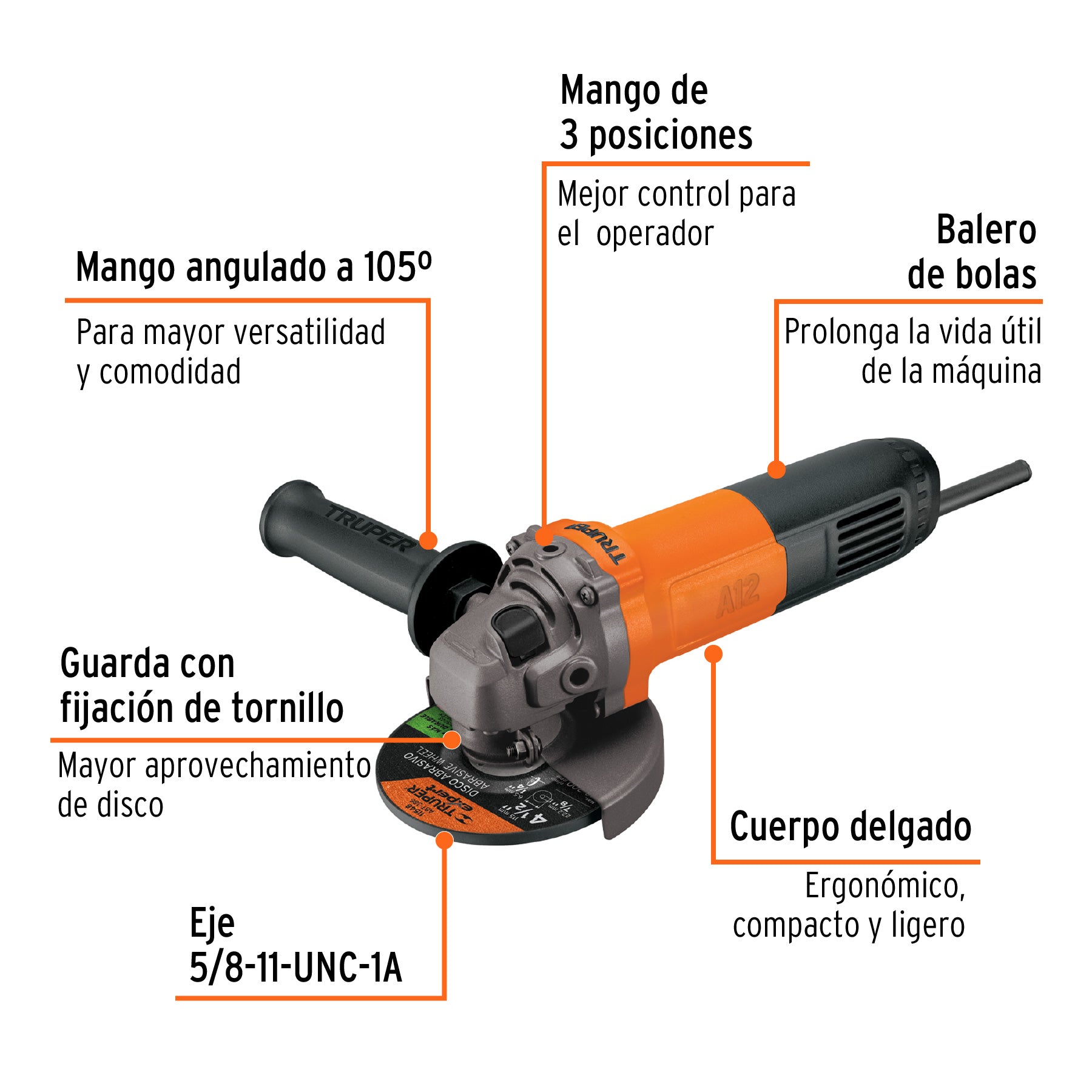 Esmeriladora angular 4-1/2', 700W, TRUPER PRO, 14013