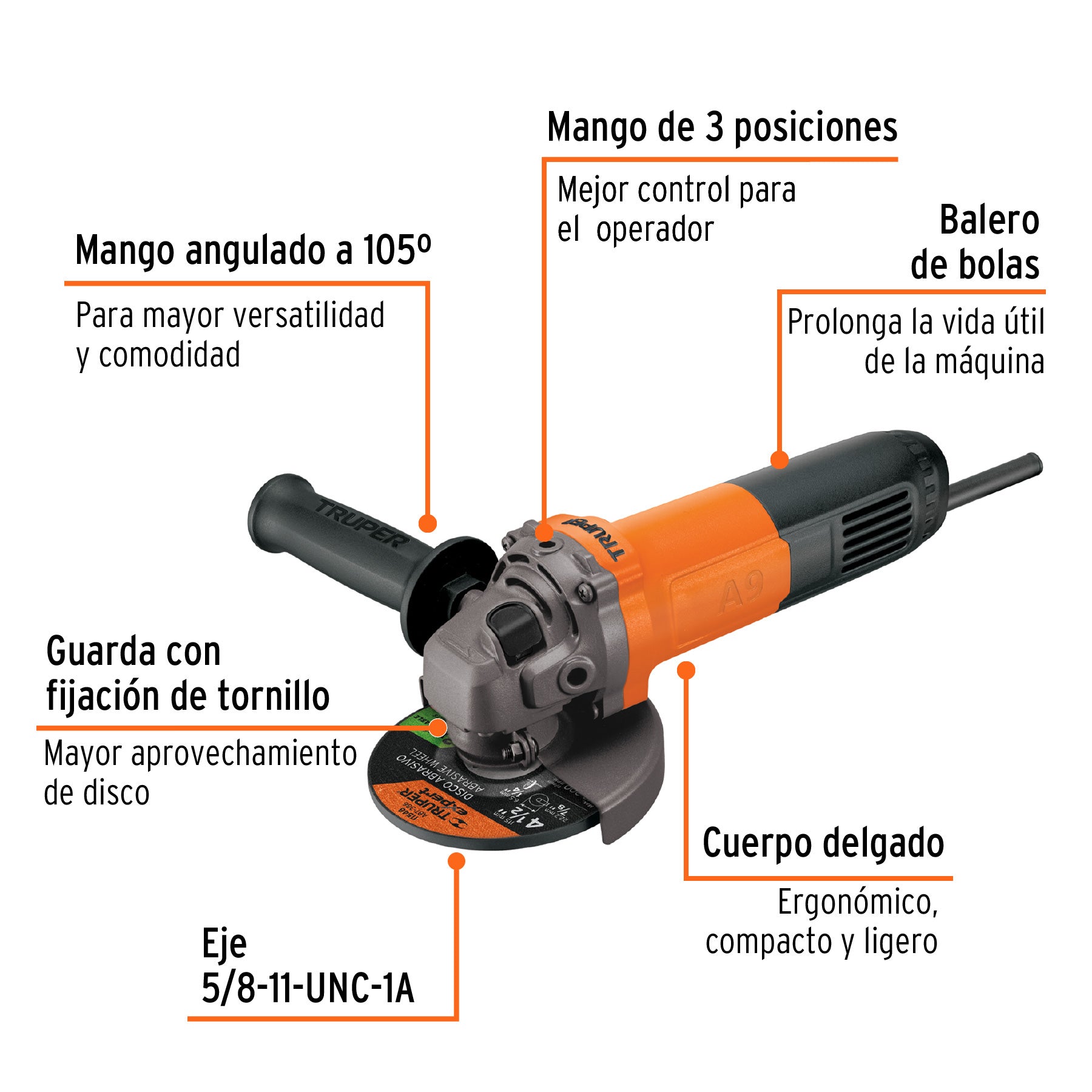 Esmeriladora angular 4-1/2', 800W, TRUPER PRO, 16683