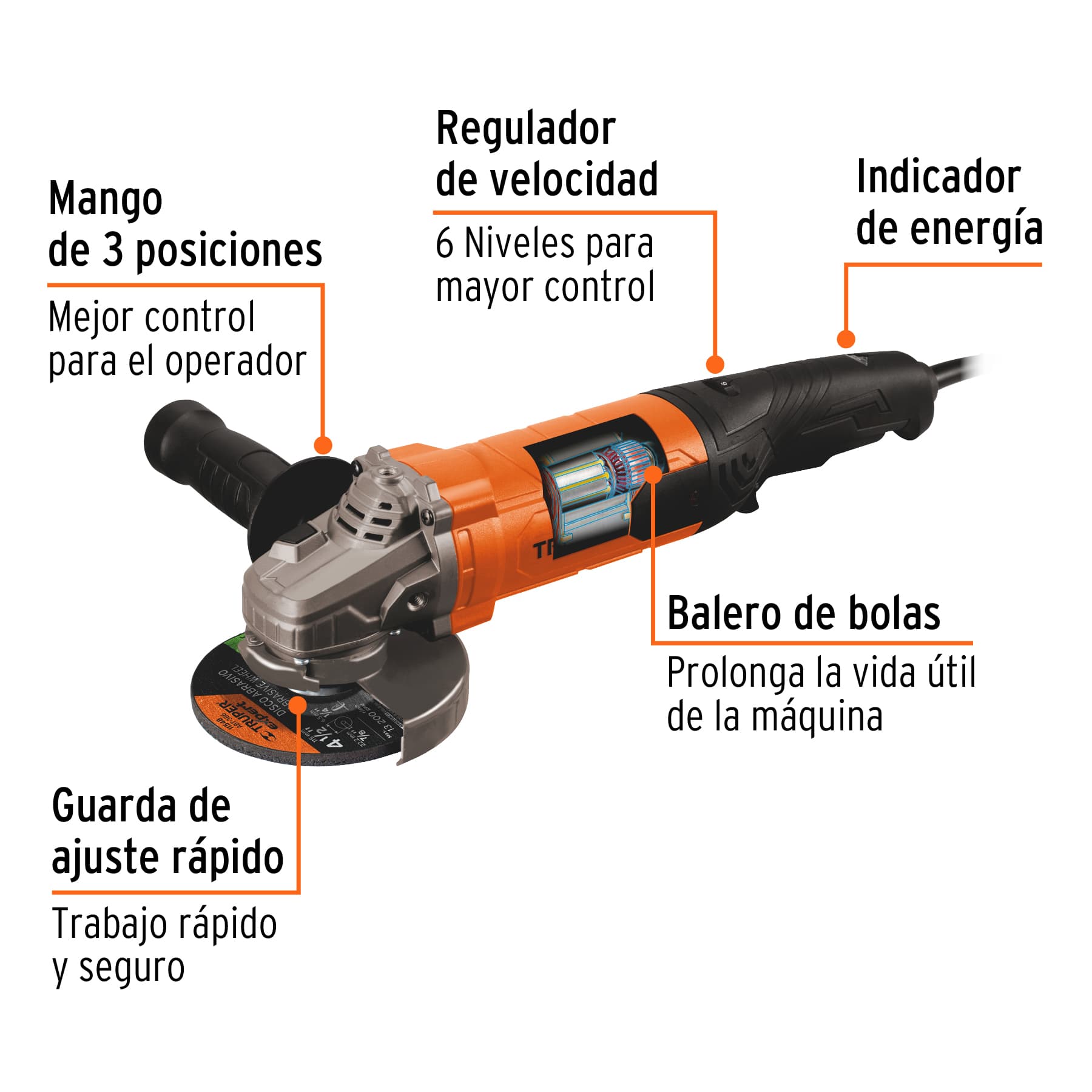 Esmeriladora angular 4-1/2', 1100W, TRUPER PRO, 100902