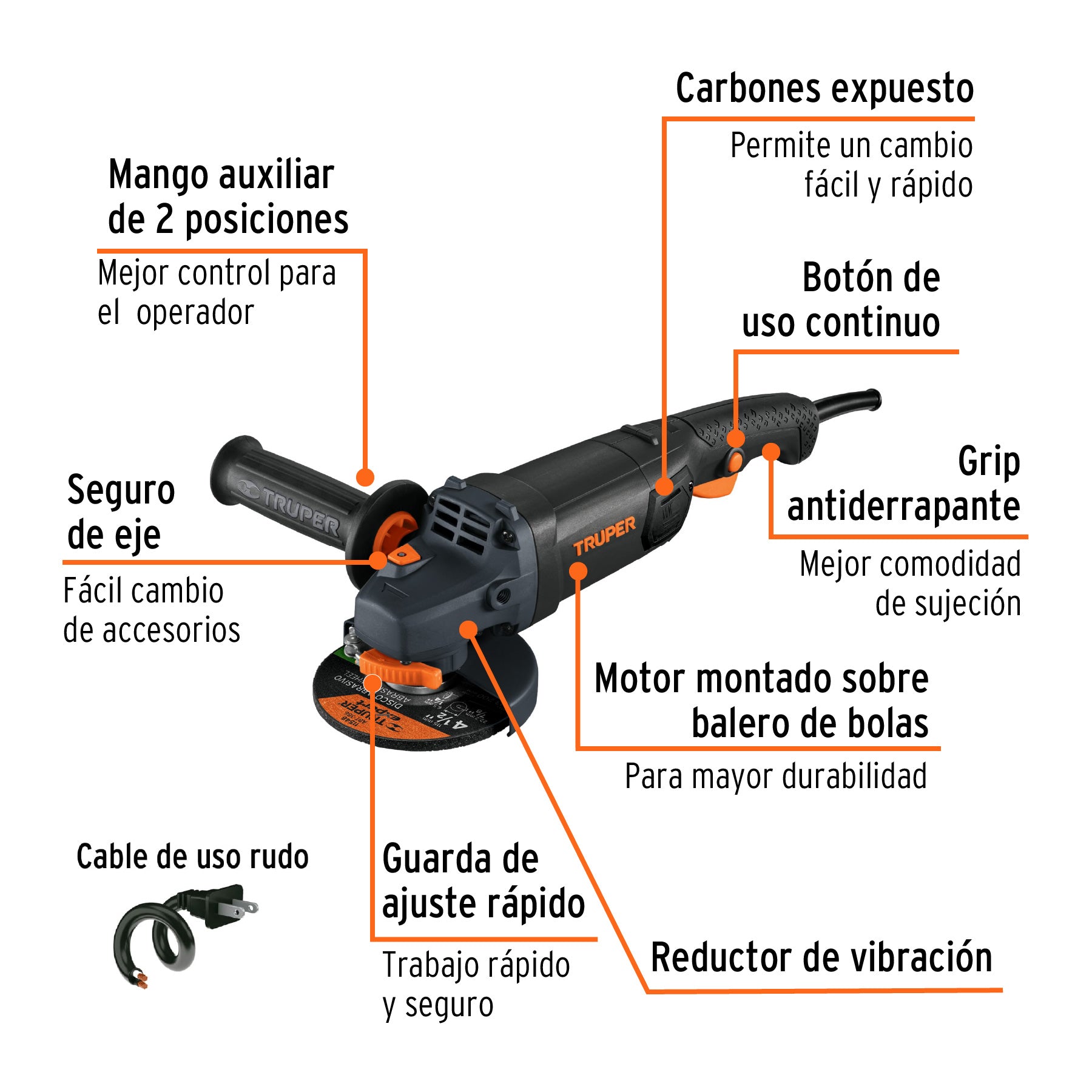 Esmeriladora angular 4-1/2', 1250W, TRUPER INDUSTRIAL, 12873