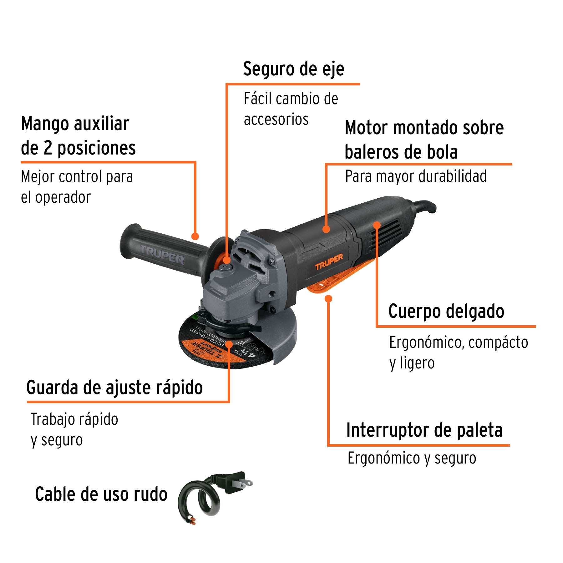 Esmeriladora 4-1/2', 850 W, int. paleta, TRUPER INDUSTRIAL, 102496