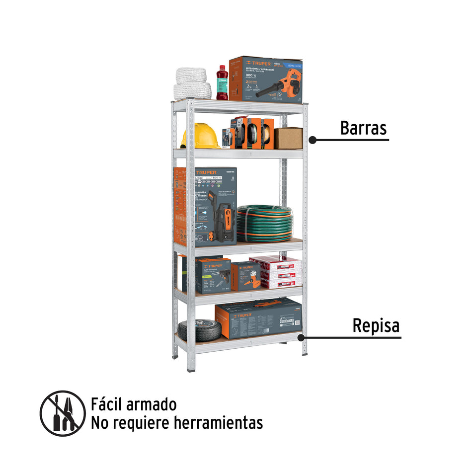 Estante metálico 5 repisas MDF cap. 35 Kg,150x30x75, PRETUL, 29021