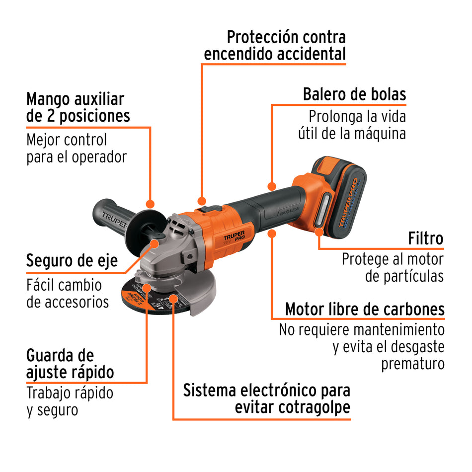 Esmeriladora 4-1/2', 20V, 1 batería 4Ah, PRO, 102872