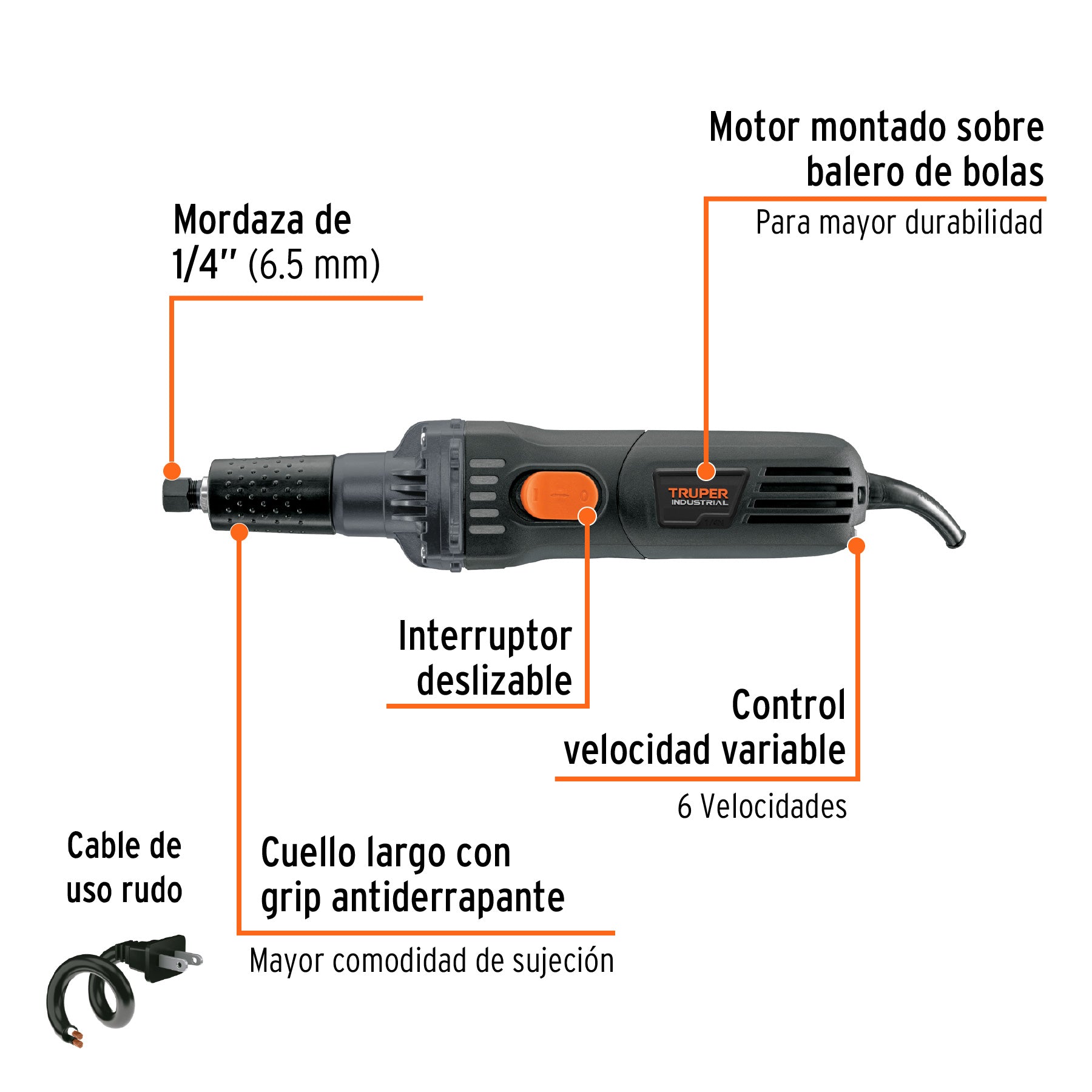 Esmeril recto (rectificador) 1/4' 600W, TRUPER INDUSTRIAL, 16871