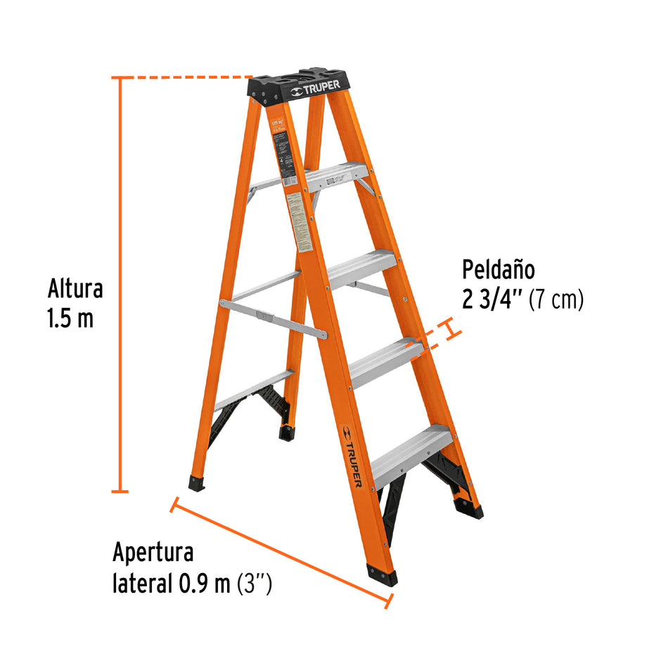 Escalera de tijera, tipo ll, 4 peldaños, fibra de vidrio, 100224
