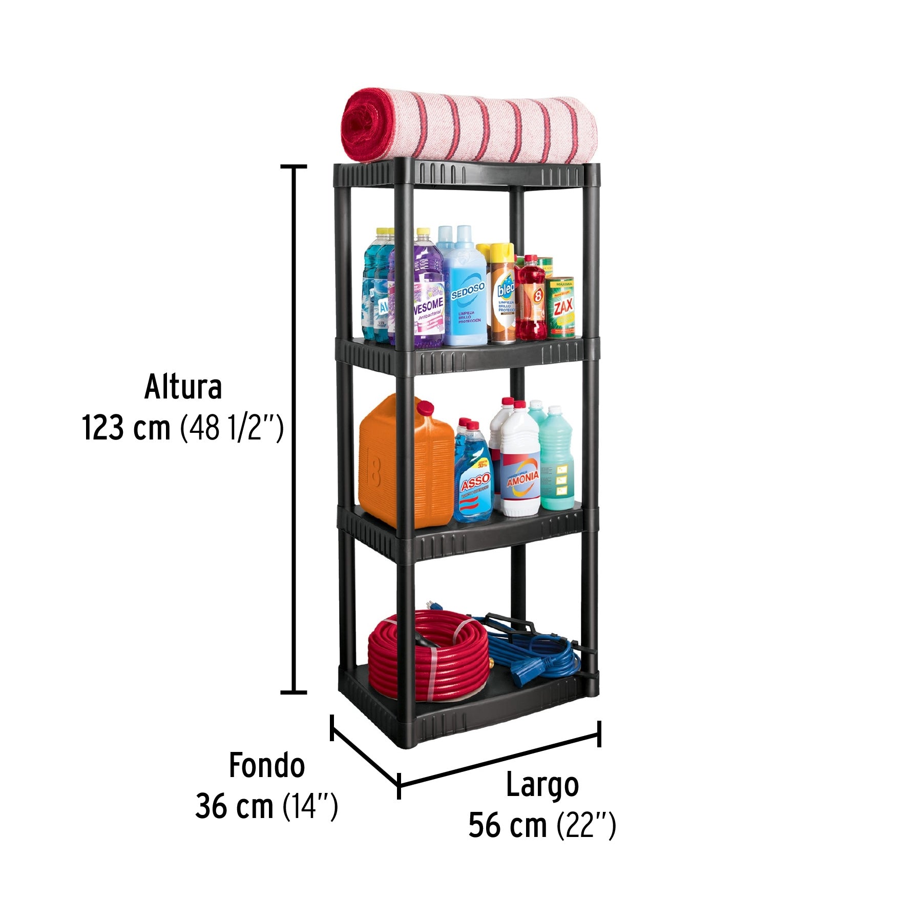 Estante plástico 4 repisas cap. 27 Kg, 123x36x56, PRETUL, 25075