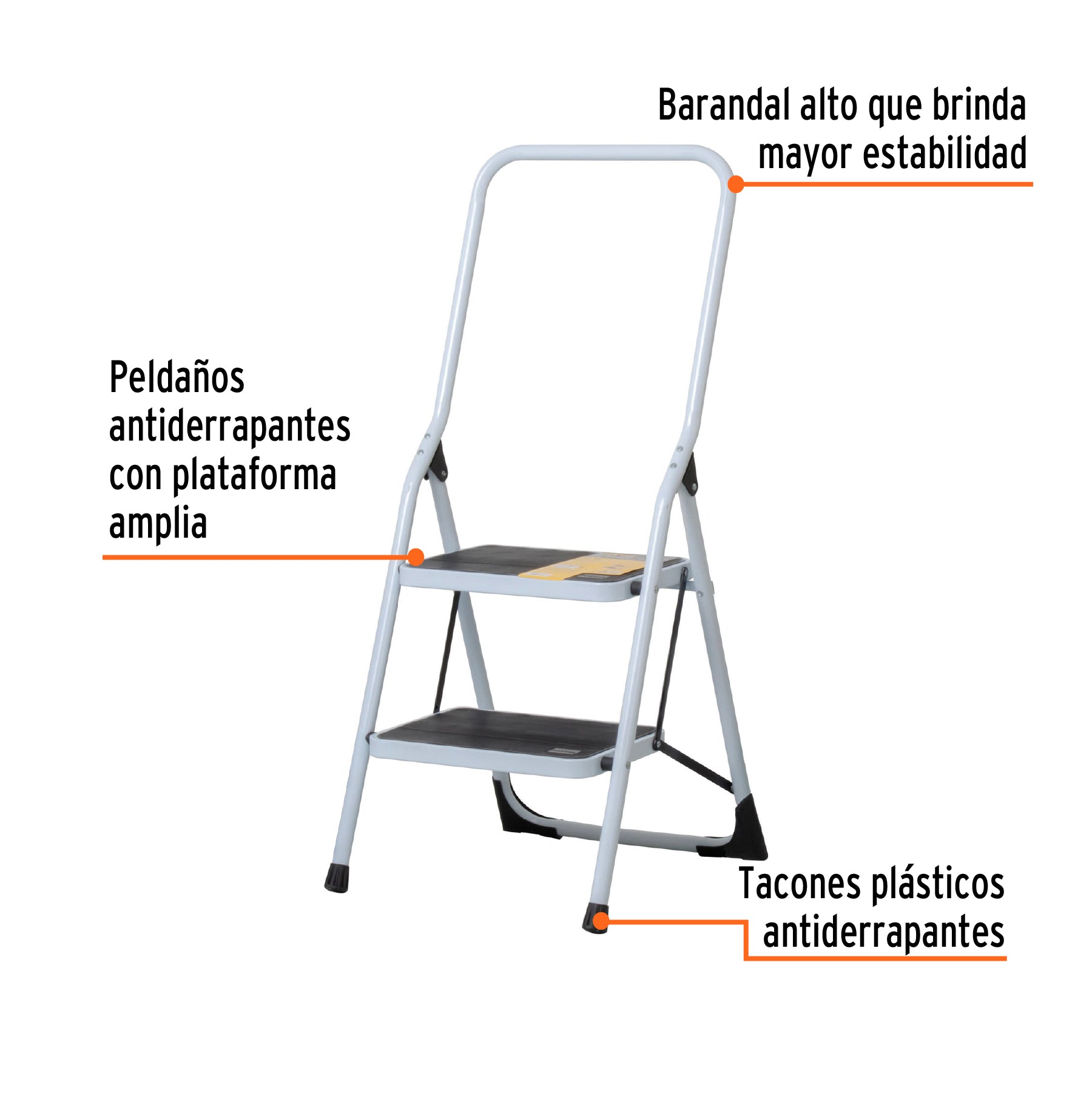 Escalera tubular, plegable, 2 peldaños con barandal, Pretul, 24119