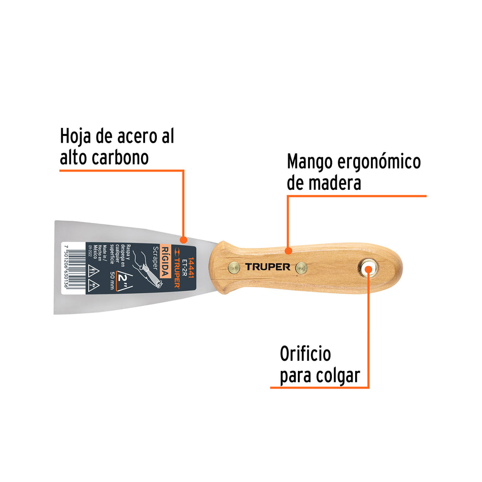 Espátula rígida 2' con mango de madera, Truper Caja con 6, 14441