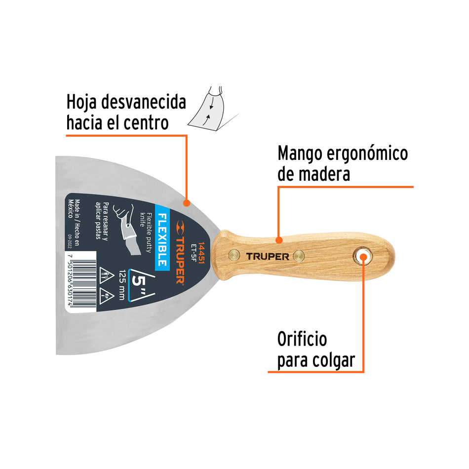 Espátula flexible 5' con mango de madera, Truper Caja con 6, 14451
