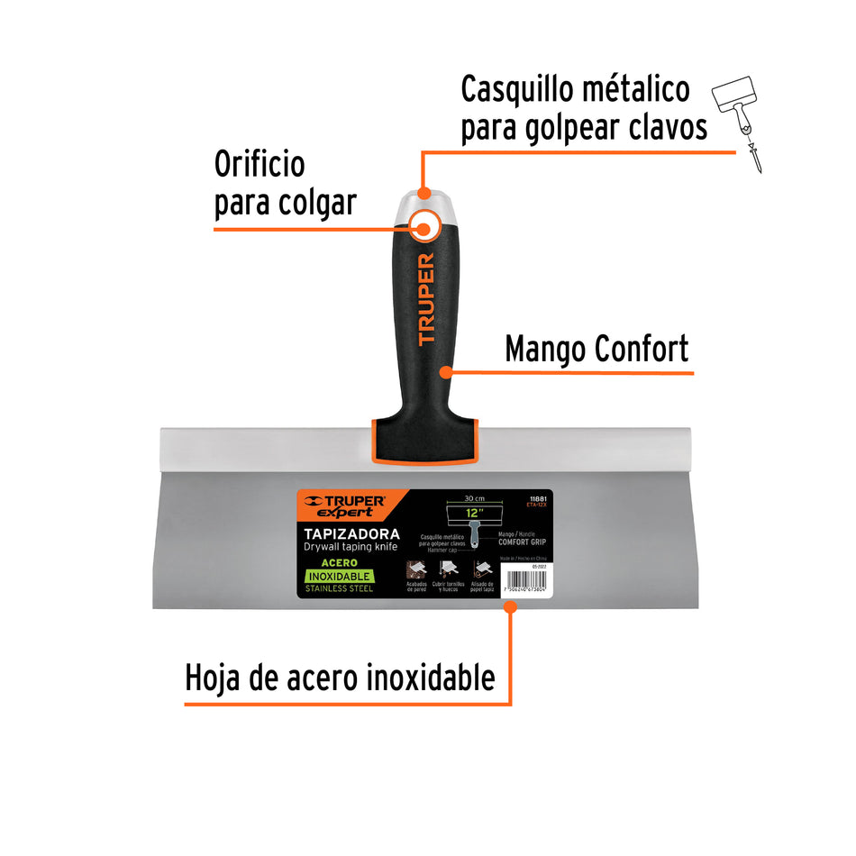 Espátula tapizadora de 12' acero inoxidable, Truper Expert Caja con 3, 11881