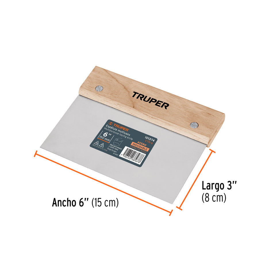 Espátula rectangular 6' x 3' acero inoxidable, mango madera Caja con 6, 101374