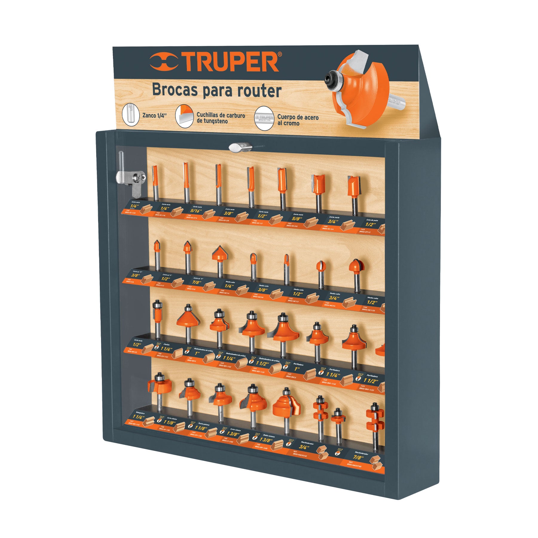 Exhibidor con 30 brocas para router, Truper, 55218