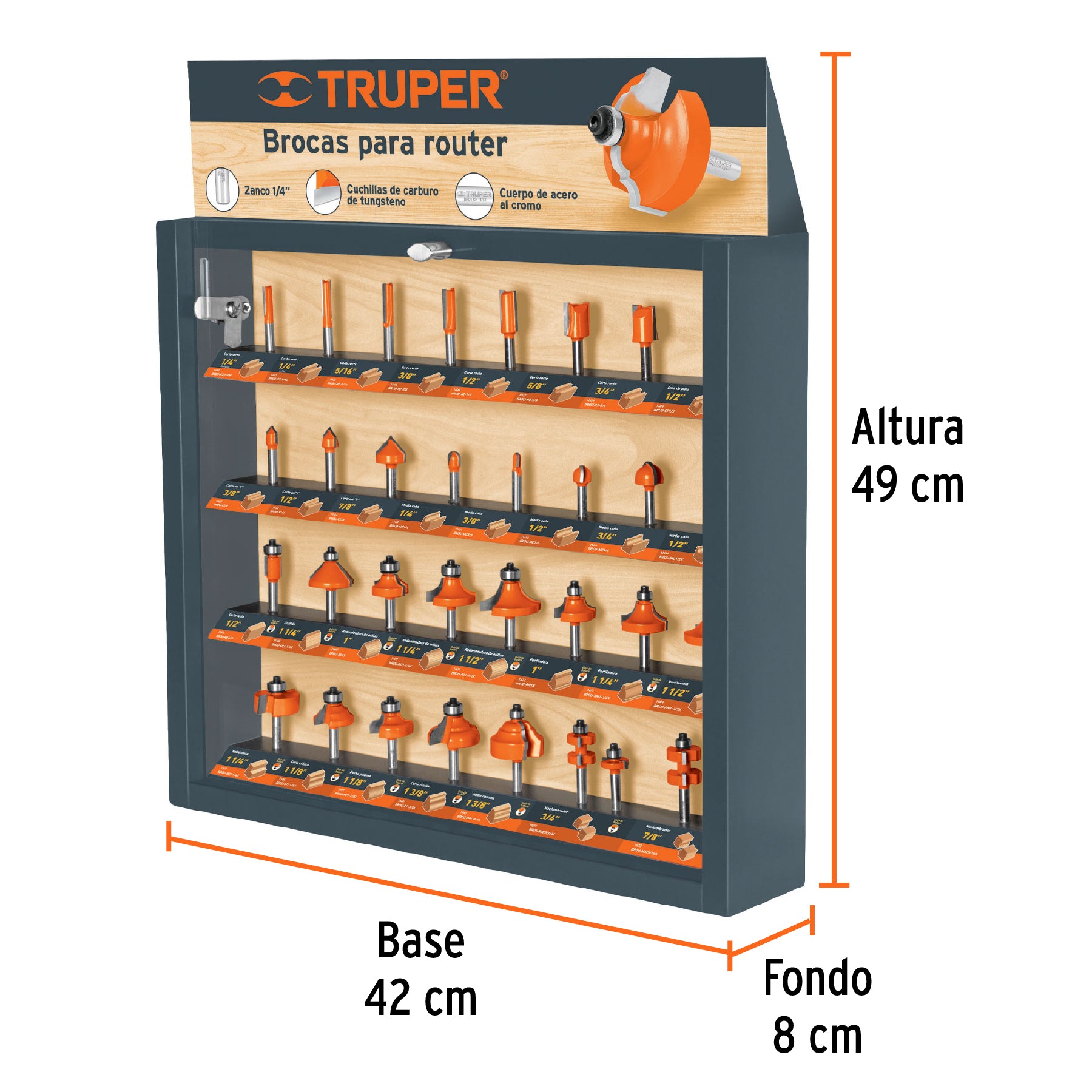 Exhibidor con 30 brocas para router, Truper, 55218