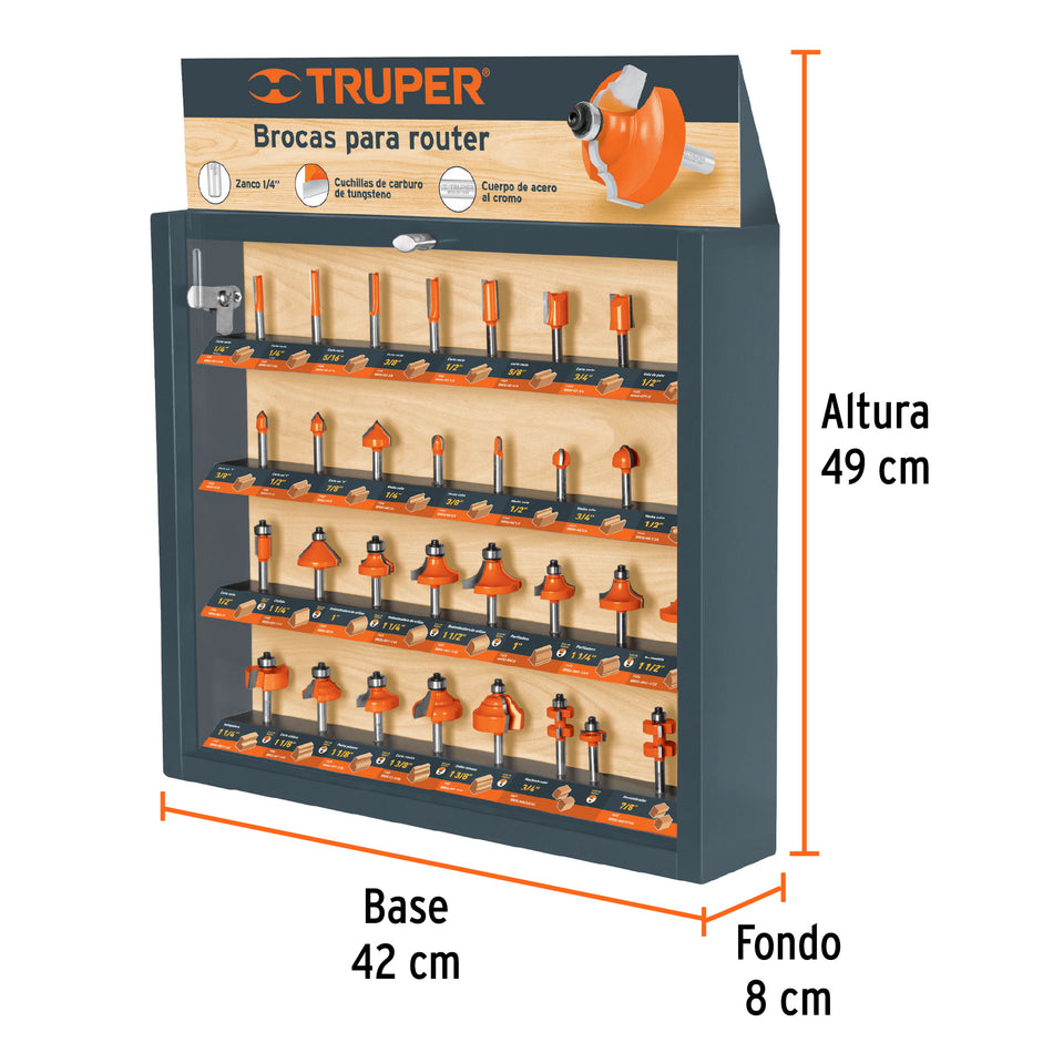 Exhibidor con 30 brocas para router, Truper, 55218
