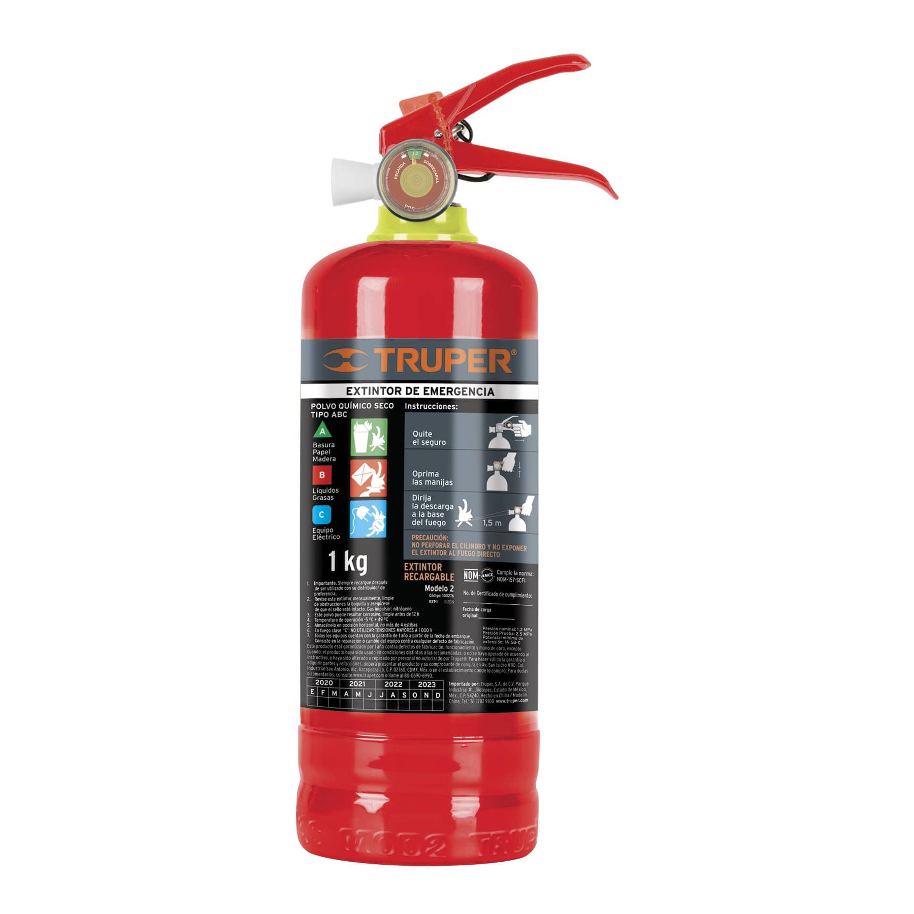 Extintor portátil recargable 1 kg, polvo tipo ABC, Truper Caja con 2, 100276