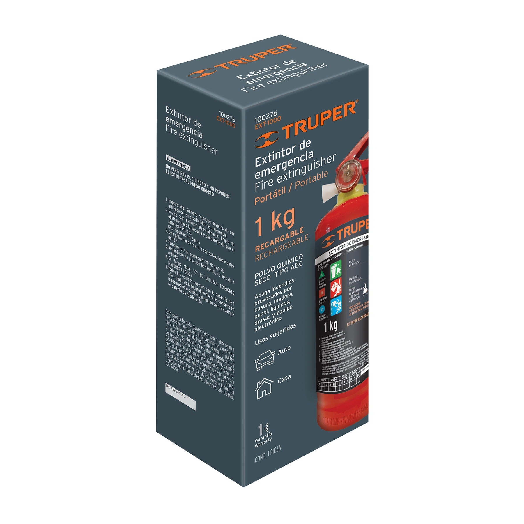 Extintor portátil recargable 1 kg, polvo tipo ABC, Truper Caja con 2, 100276