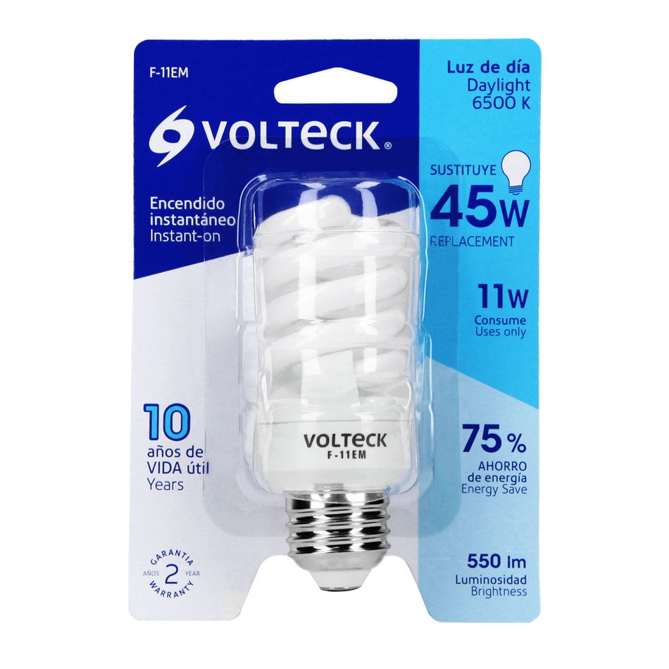 Lámpara espiral mini T2 11 W luz cálida en blíster, Volteck Caja con 4, 48503