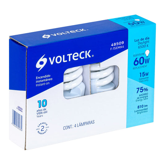 Pack de 4 lámparas espiral mini T2 15 W luz de día, en caja Caja con 4, 48509