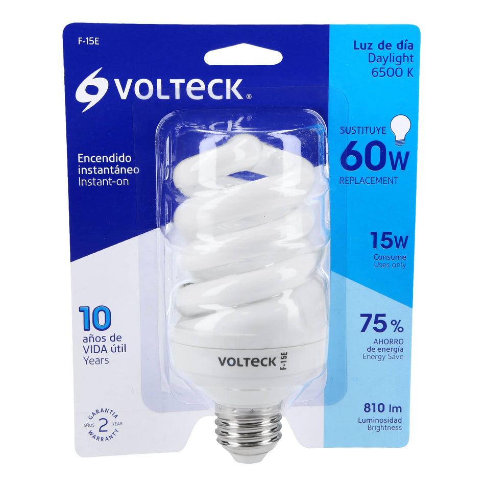 Lámpara espiral T4 15 W luz de día en blíster, Volteck Caja con 8, 48212