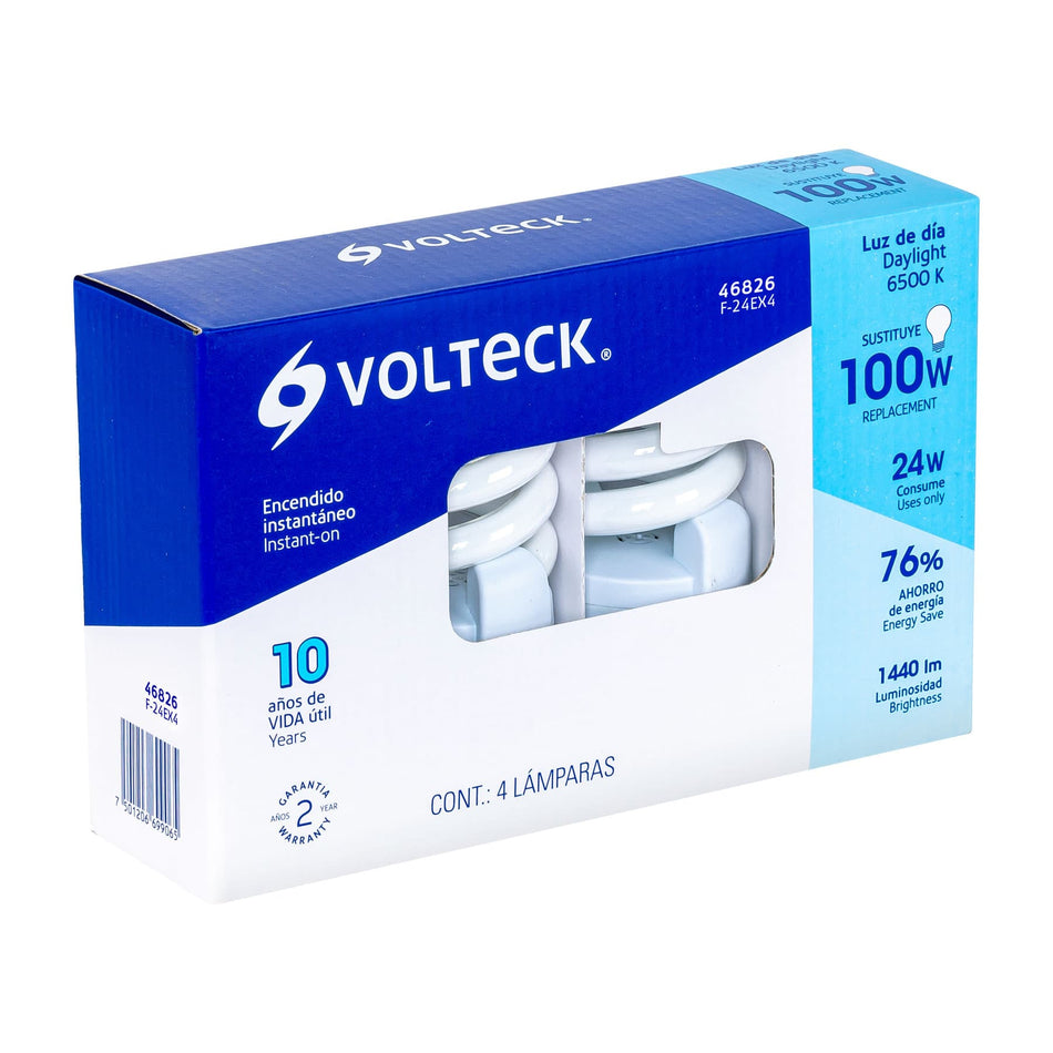 Pack 4 lámparas espiral T4 24 W luz de día, caja, Volteck Caja con 4, 46826