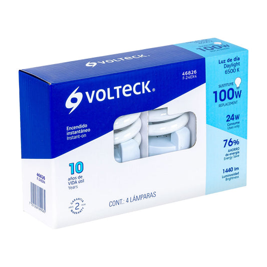 Pack 4 lámparas espiral T4 24 W luz de día, caja, Volteck Caja con 4, 46826