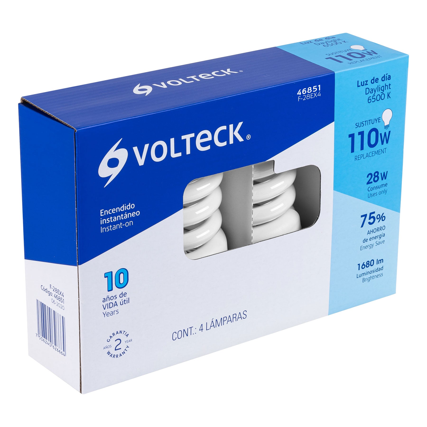 Pack 4 lámparas espiral T4 28 W luz de día, caja, Volteck, 46851