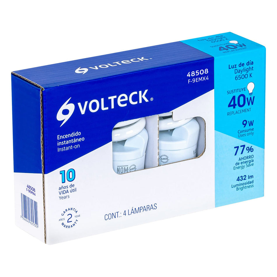 Pack de 4 lámparas espiral mini T2 9 W luz de día, en caja Caja con 4, 48508