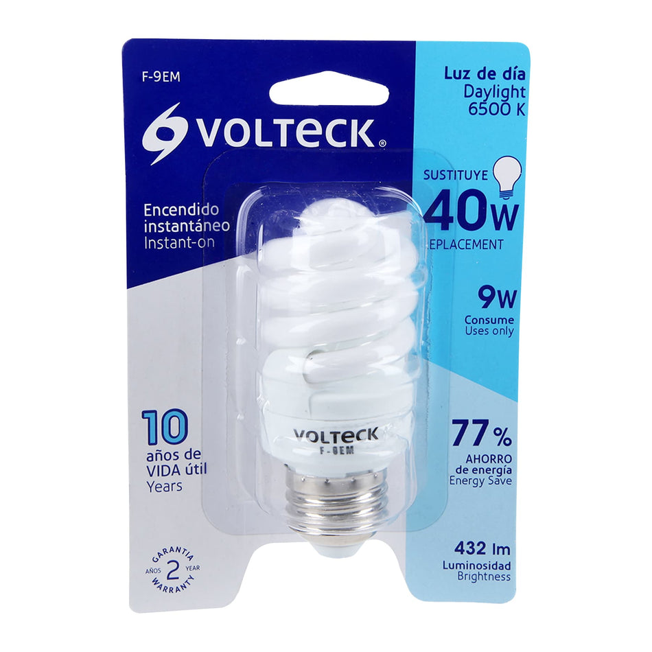 Lámpara espiral mini T2 9 W luz de día en blíster, Volteck Caja con 4, 48500