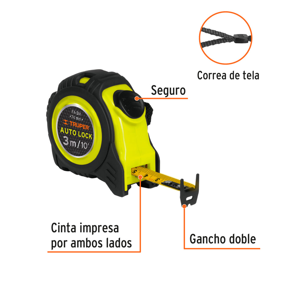 Flexómetro Auto-Lock contra impactos 3 m cinta 16 mm, Truper Caja con 6, 10746