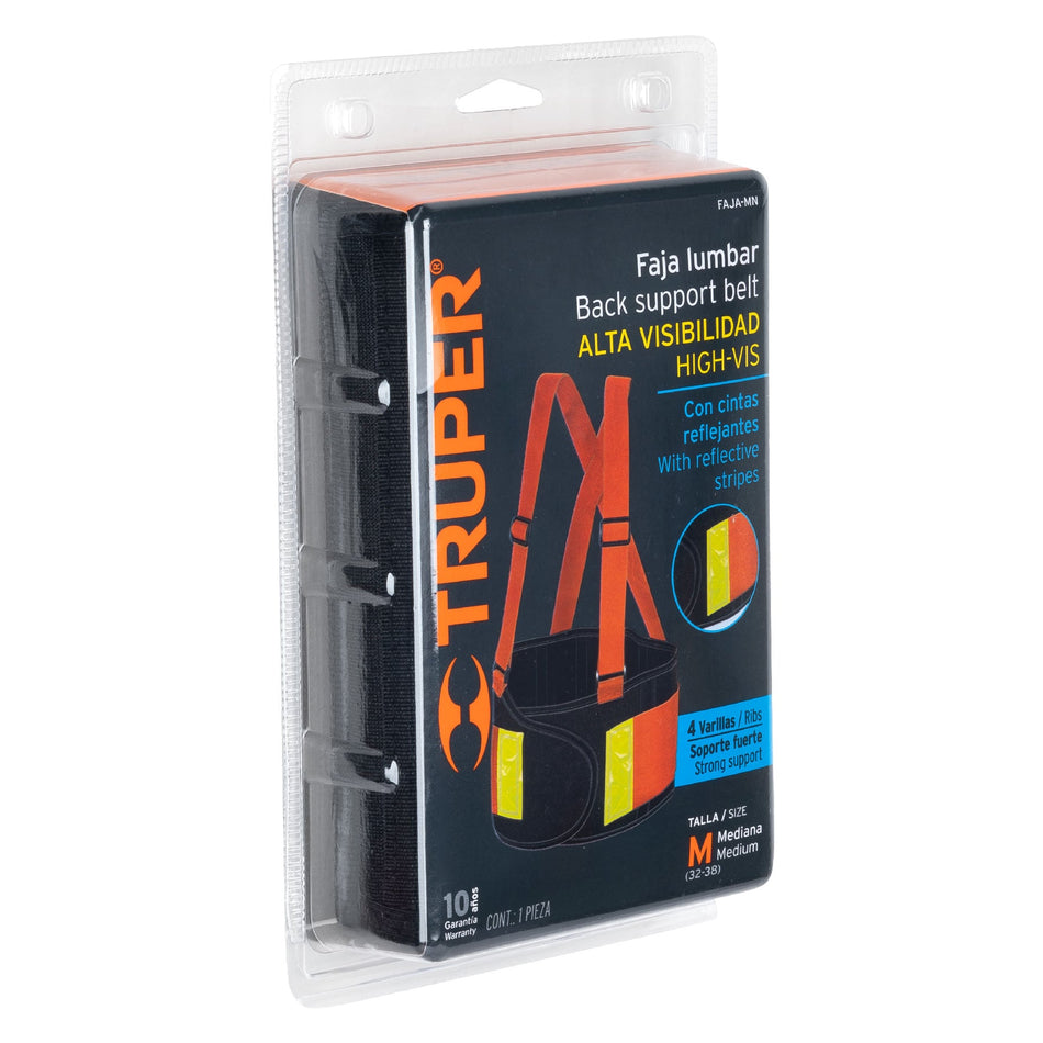 Faja lumbar naranja c/cintas de alta visibilidad, M, Truper Caja con 2, 100356