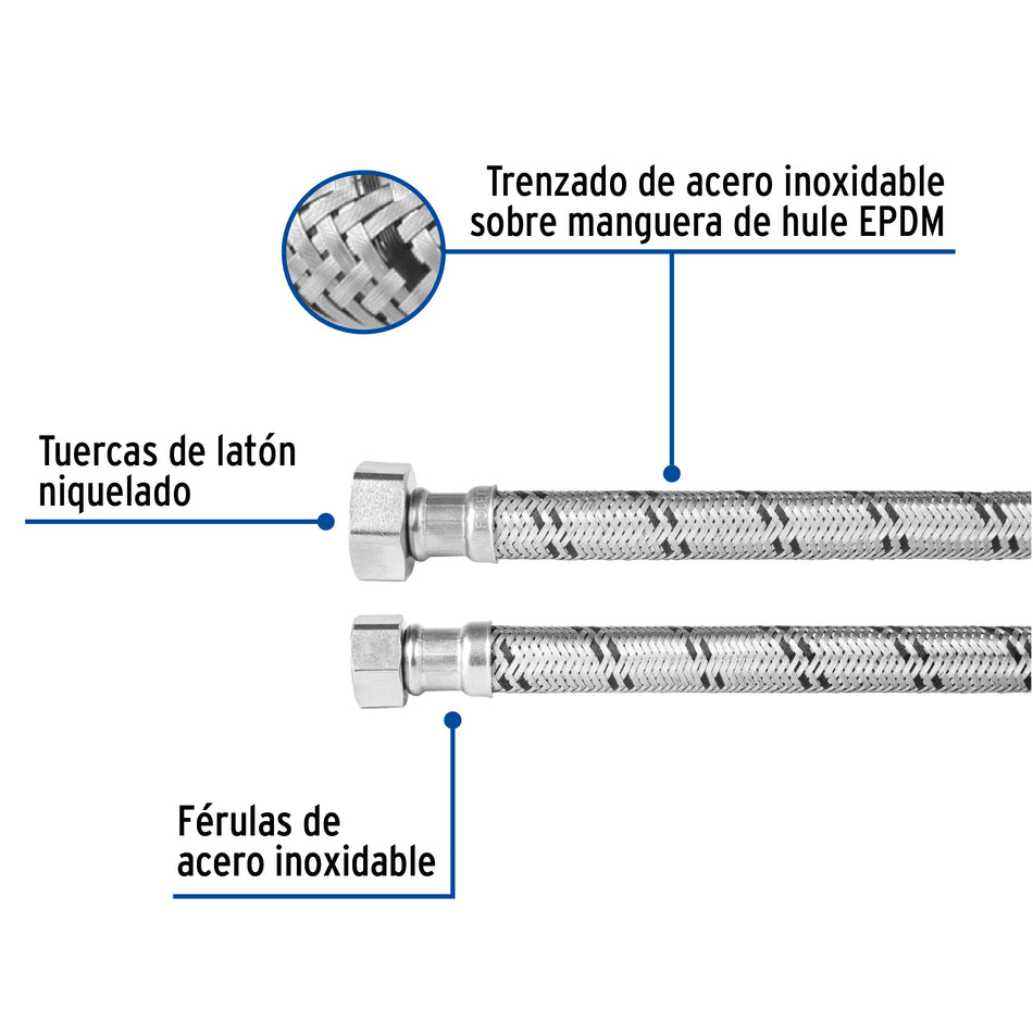 Manguera para boiler, acero inox, 1/2'x3/4', 60 cm, Foset Caja con 6, 49132