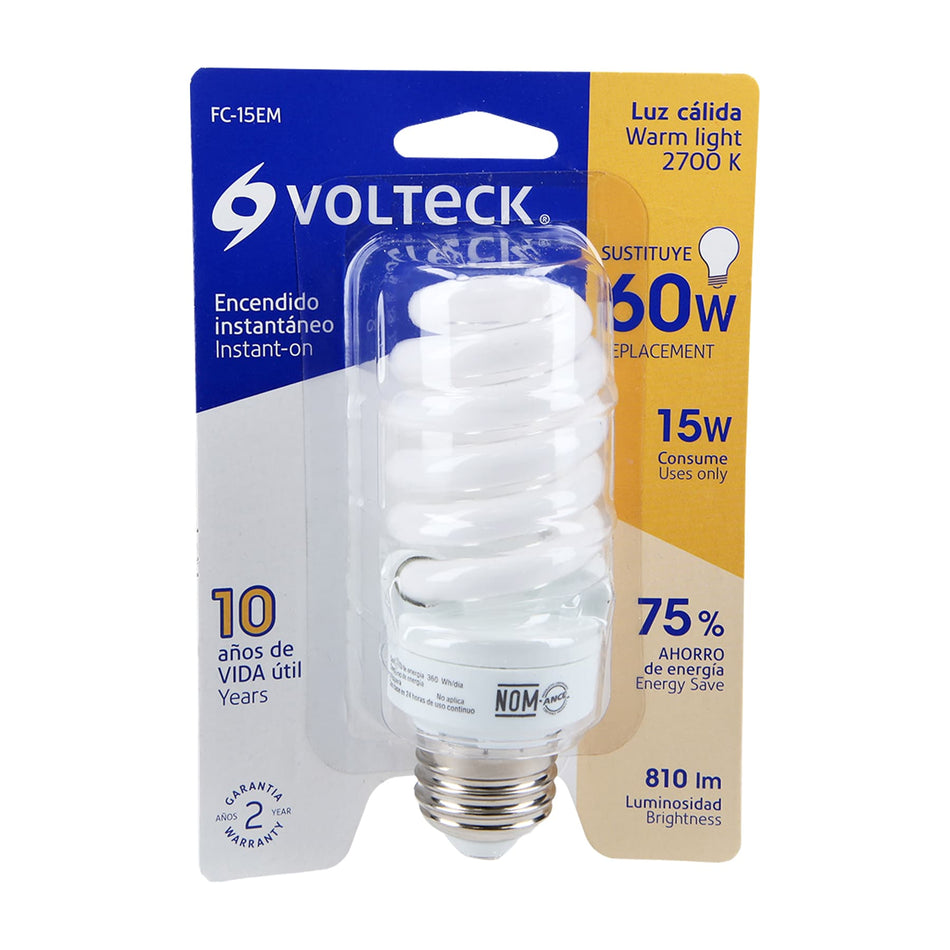 Lámpara espiral mini T2 15 W luz cálida en blíster, Volteck Caja con 4, 48205