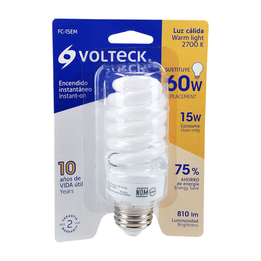 Lámpara espiral mini T2 15 W luz cálida en blíster, Volteck Caja con 4, 48205