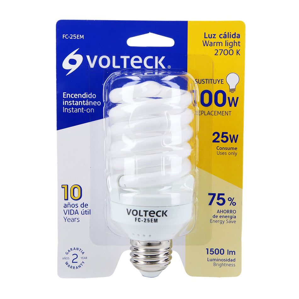 Lámpara espiral mini T2 25 W luz cálida en blíster, Volteck Caja con 4, 48507