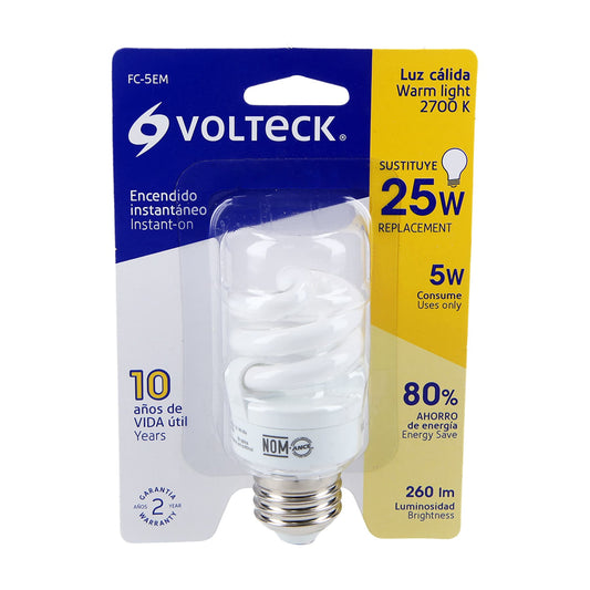 Lámpara espiral mini T2 5 W luz cálida en blíster, Volteck Caja con 4, 48201