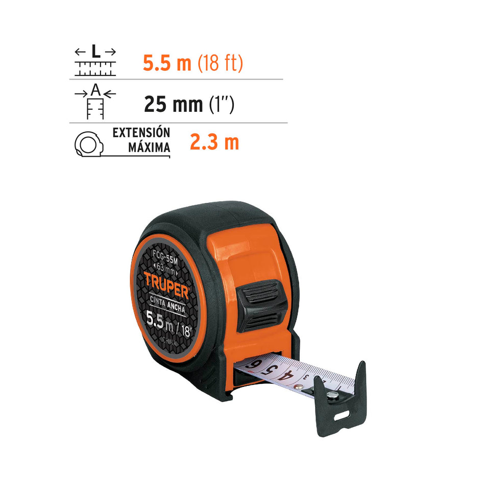 Flexómetro compacto contra impactos 5.5 m cinta 25 mm,TRUPER Caja con 6, 12773