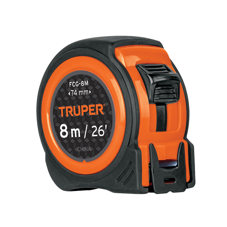 Flexómetro compacto contra impactos 8 m cinta 25 mm, TRUPER Caja con 3, 12774
