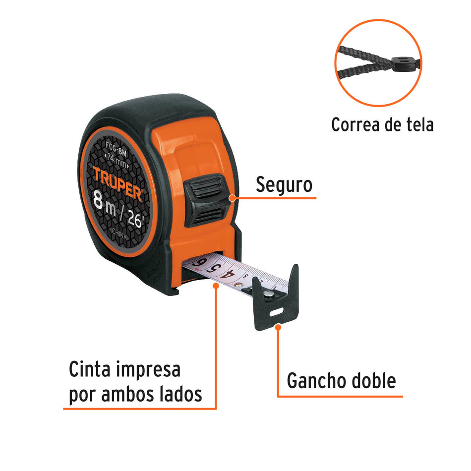 Flexómetro compacto contra impactos 8 m cinta 25 mm, TRUPER Caja con 3, 12774