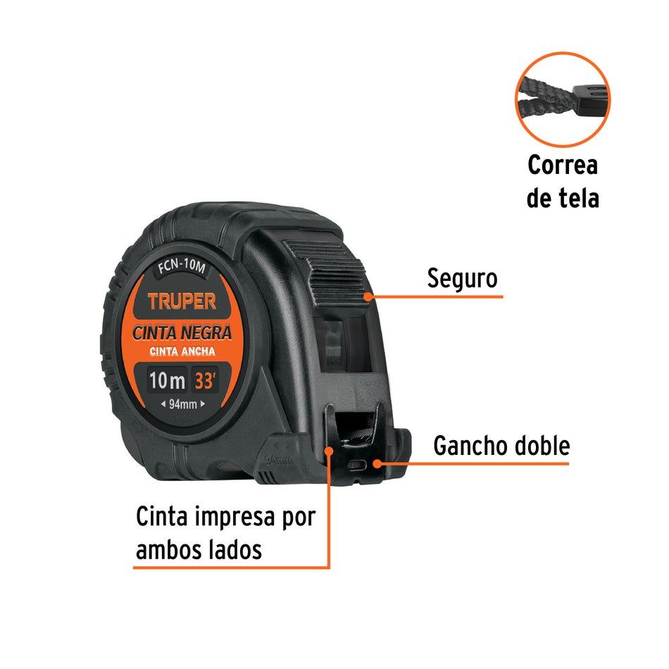 Flexómetro contra impactos 10 m, Cinta Negra 32 mm, Truper Caja con 3, 103057
