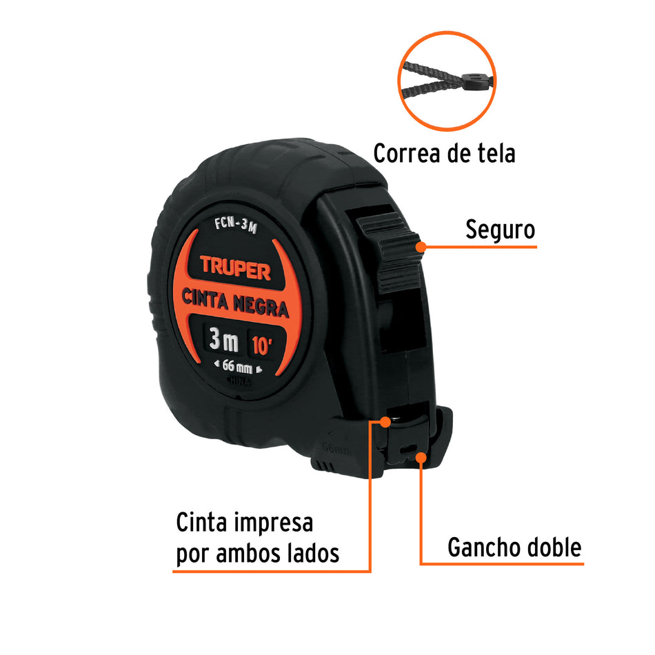 Flexómetro contra impactos 3 m, Cinta Negra 13 mm, Truper Caja con 6, 11720