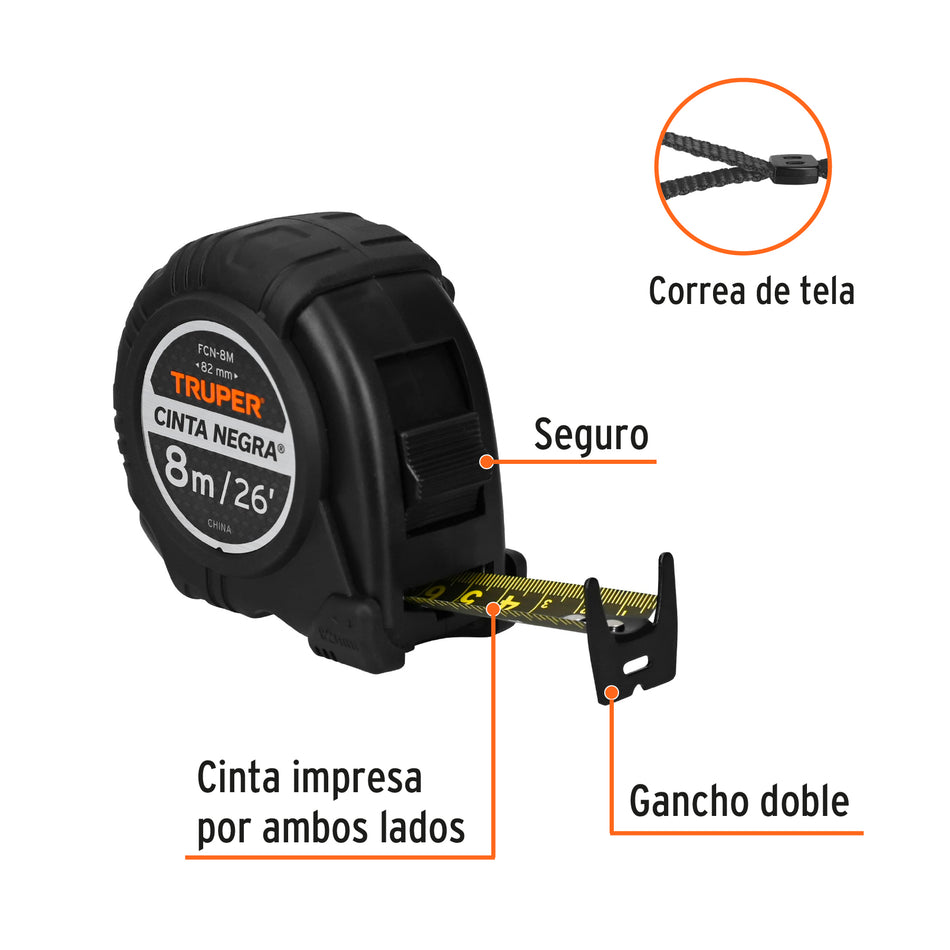 Flexómetro contra impactos 8 m, Cinta Negra 25 mm, Truper , 11747