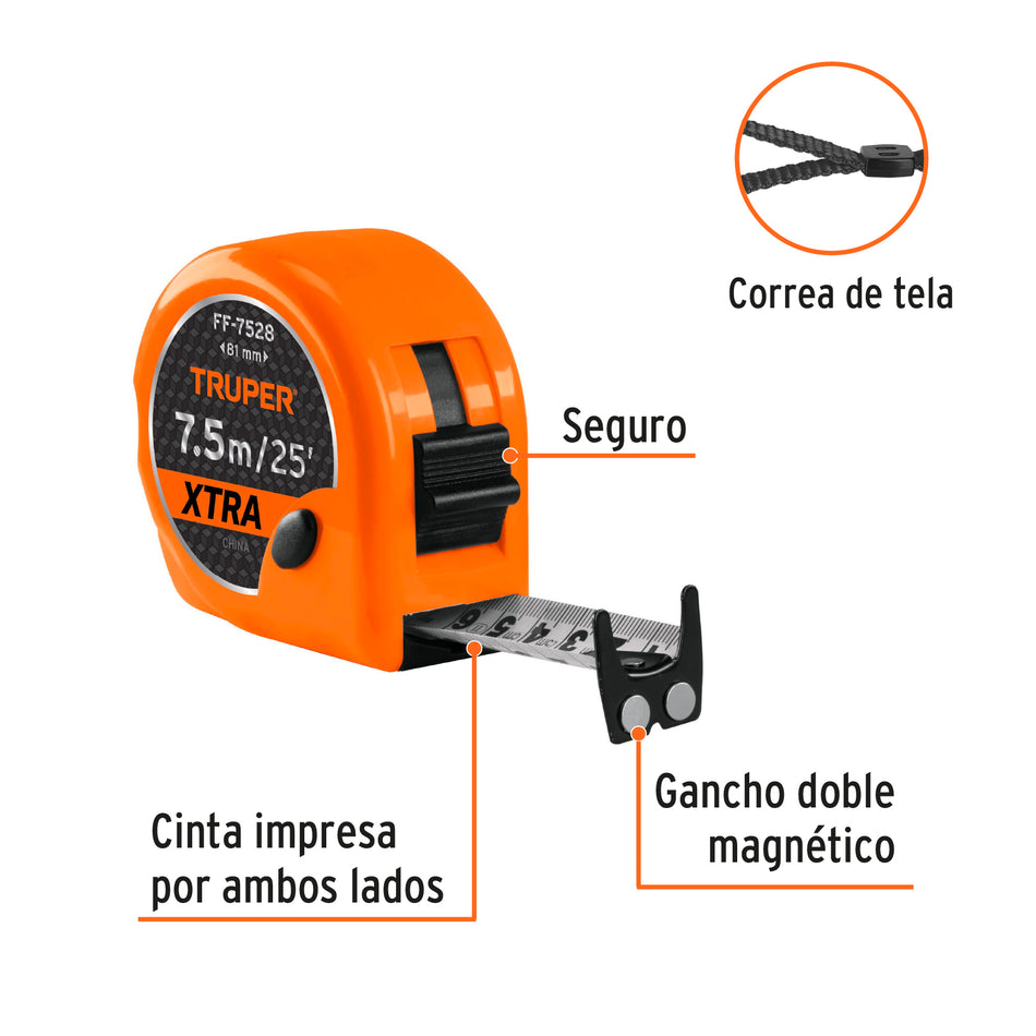 Flexómetro XTRA 7.5 m cinta extra ancha 28 mm, Truper Caja con 3, 15025