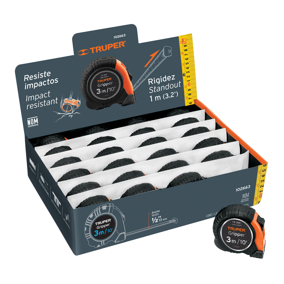 Flexómetro Gripper 3 m cinta 13 mm display box con 24 piezas Caja con 24, 102663