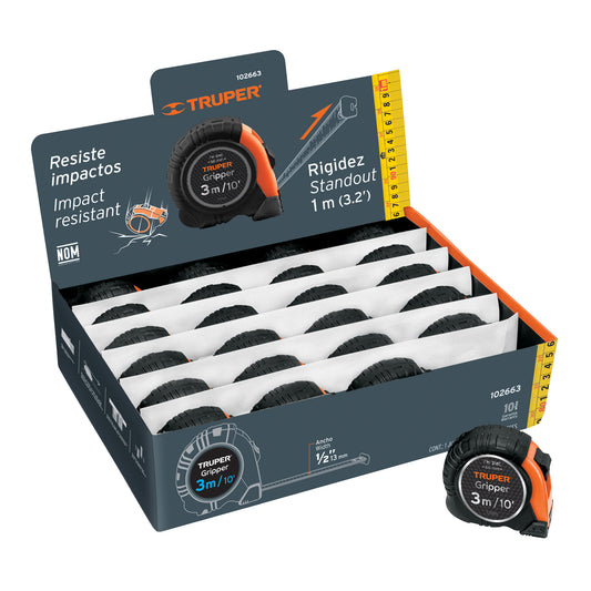 Flexómetro Gripper 3 m cinta 13 mm display box con 24 piezas Caja con 24, 102663