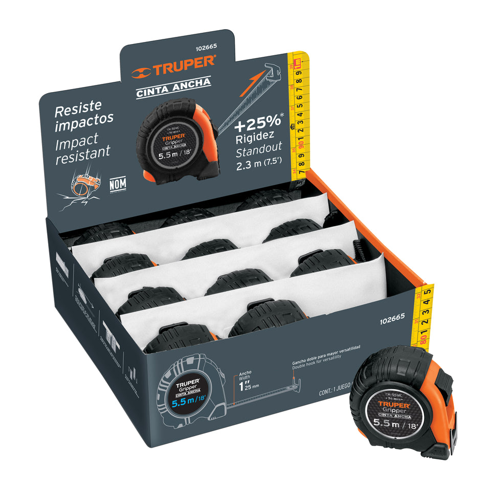 Flexómetro Gripper 5.5m cinta 25mm display box con 12 piezas Caja con 12, 102665