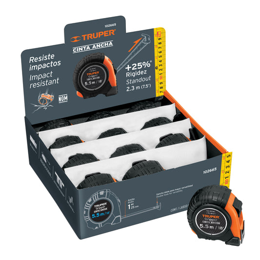Flexómetro Gripper 5.5m cinta 25mm display box con 12 piezas Caja con 12, 102665