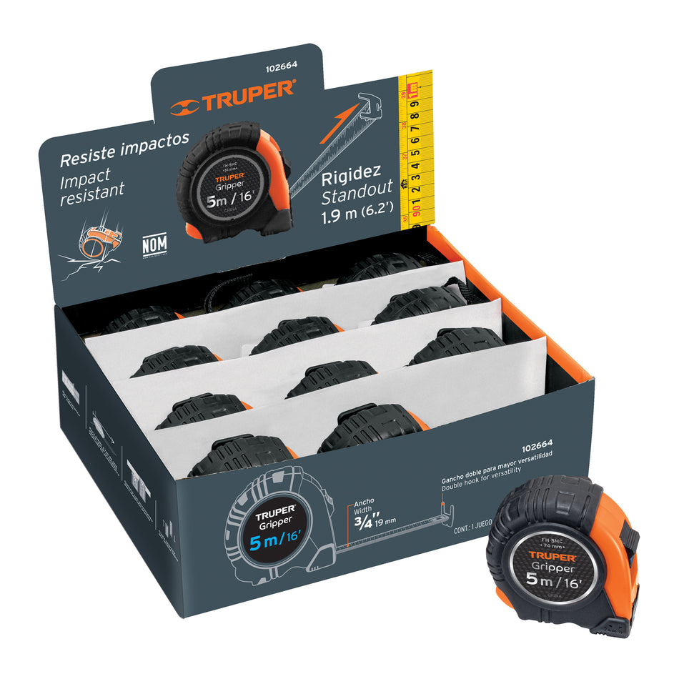 Flexómetro Gripper 5 m cinta 13 mm display box con 12 piezas Caja con 12, 102664