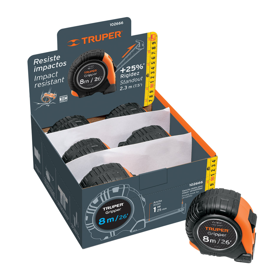 Flexómetro Gripper 8 m cinta 25 mm display box con 6 piezas Caja con 6, 102666