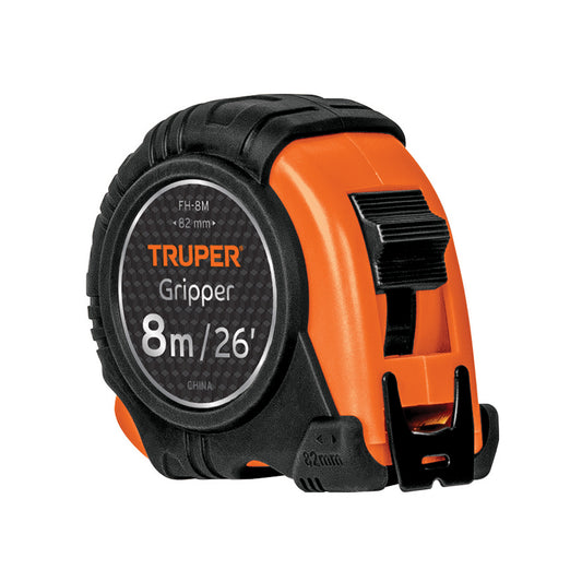 Flexómetro Gripper contra impactos 8 m cinta 25 mm, Truper Caja con 3, 14579