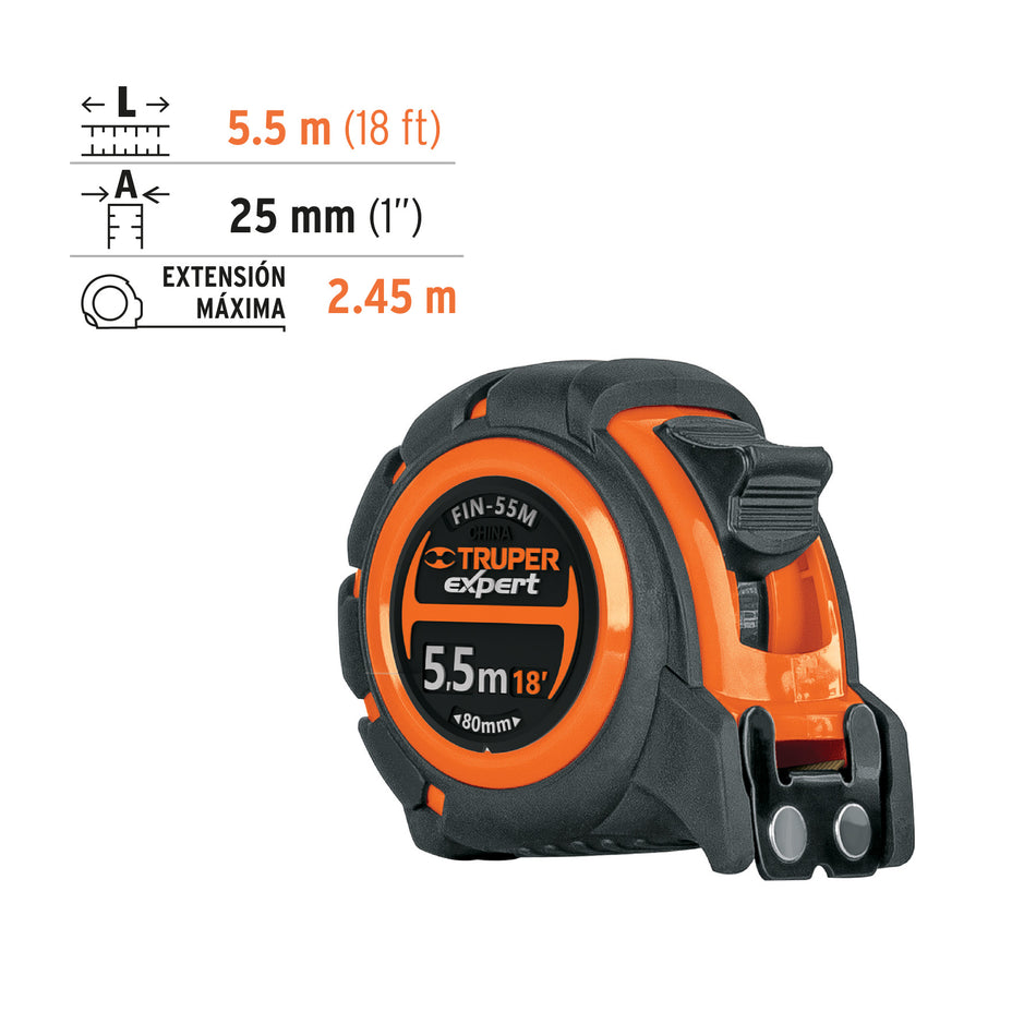 Flexómetro industrial contra impactos 5.5 m cinta 25 mm Caja con 6, 12695